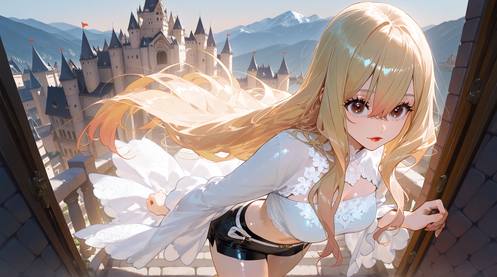 official art, masterpiece, sharp focueautiful gorgeous cute Korean woman:1.3), (beautiful cute korean:1.3), (beautiful amd aesthetic:1.2), korean beauty, Delicate and beautiful hair and eyes and face, realistic, ultra detailed, beautiful girl, blue sky, glow white particle, (sidelighting:1.2), sun light, white cloud, detailed clouds, slender, Lovely very large breasts and very large hips,showing pink slip and smiling, (((shy and aroused, pink Star-shaped pupils eyes)), (((Happiness:0.5))), scenery, long straight hair, sexy facial expression, build (mountainscape:1.7), dynamic hair, blonde long straight hair, detailed hair, streaked hair, glow pink wink eyes, rose pleated skirt+white off shoulder blouse), white long socks, pale skin, epic scenery, (Tiara:1.5), hair ornament, Princess white gloves, Wet body, Fiery Rose, sexy look, blood moon, moon light, (white rabbit), eating creams