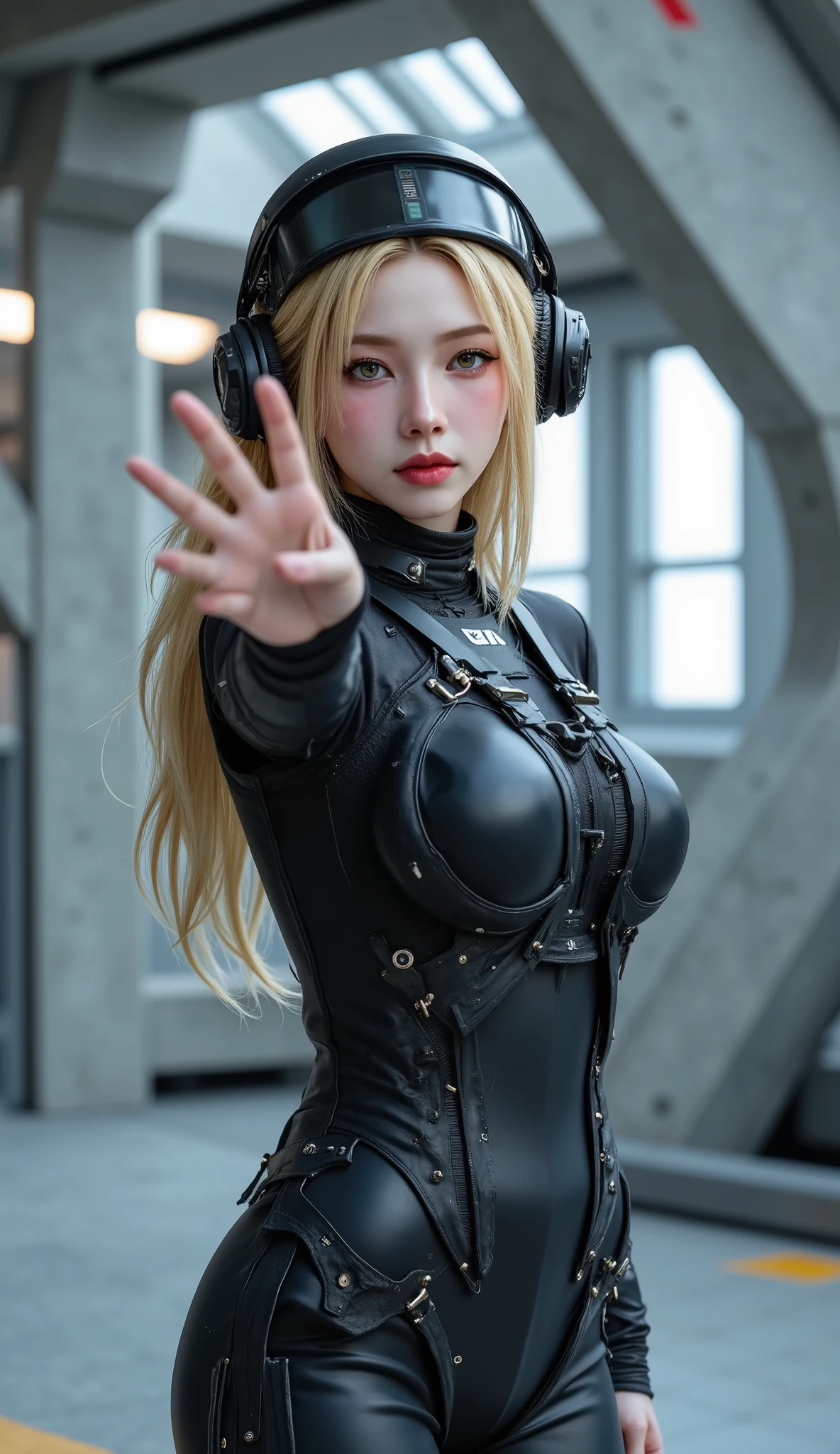 ((best quality)), photorealistic, photorealism, Photorealistic, high resolution, Beautiful, Baby Face, , White Skin, pale skin, Medium breast, Combat pose, looking at the camera, (Detailed face), curtain hair, blonde hair, (wearing pilot suit, high-tech headware, mecha suit), (cloths color based on black), fullbody figure, fullbody shot, Fingers are occluded, concrete space ship background,