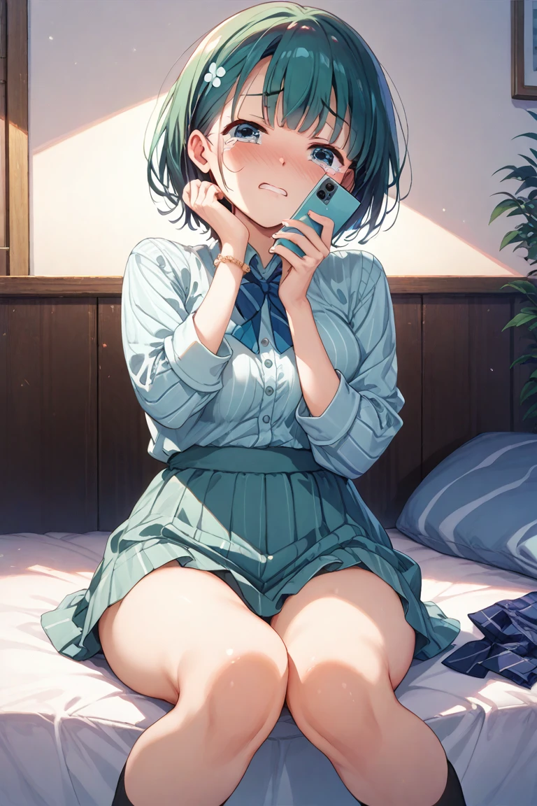akanekurokawa, akane kurokawa, bangs, (Green Eyes:1.3), Blue Hair, Long Hair, dark Blue Hair,Black Tank Top,String Underwear,barefoot,Sitting on the bed,Sleepy eyes,smile,blush,morning,morning陽,The sun is rising,So that the whole body goes into the illustration,
break indoors, Bedroom,
break looking at viewer, (Cowboy Shot:1.5),
break (masterpiece:1.2), Highest quality, High resolution, unity 8k wallpaper, (figure:0.8), (Beautiful attention to detail:1.6), Highly detailed face, Perfect lighting, Highly detailed CG, (Perfect hands, Perfect ???????),