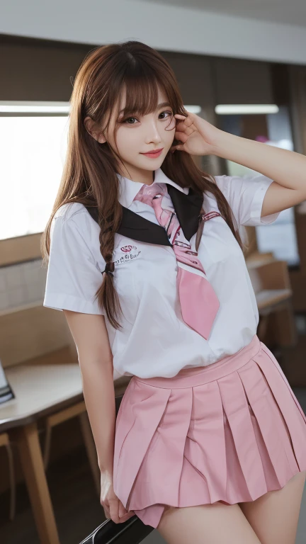 Feminine man in girly school outfit, with the penis exposed, woman's traces on her body