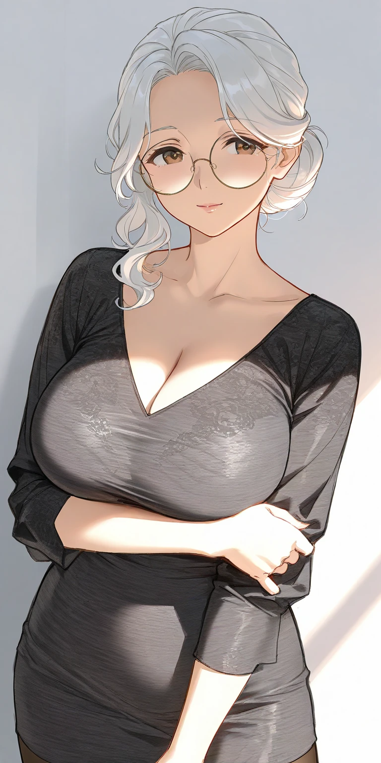 Hot sexy beautiful cute milf secretary,brown see through t shirt,black pencil skirt,coat, indian silver jhumka earrings,big breasts, lipstick,makeup,white hair with blue shade,hair bun,two falling hair strands,blush,