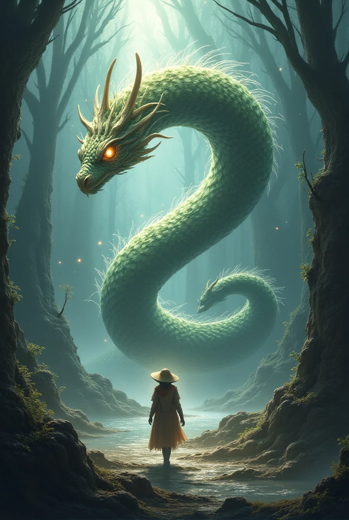 “Create a breathtaking fantasy scene featuring a massive, coiled dragon with intricate, shimmering scales emerging from a tranquil forest lake. The dragon's serpentine body loops around the water, its piercing eyes locked onto a lone, brave figure standing in the shallow waters below. The figure, dressed in a flowing red robe, appears small yet resolute in the presence of the towering, mystical creature. Lush greenery and sunlight filtering through the trees enhance the epic and magical atmosphere of the scene."