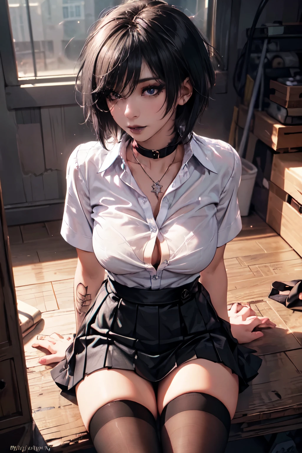 1girl, woman, emo_hairstyle, black lipstick, dog collar, eyeliner, eye shadow, smoky eyes, realistic lighting, half open white business shirt, school skirt, black thighhighs, satanic tattoo, breast tattoo, ass tattoo, smug, smirk, short hair, flat chest, sweat, sweaty, shiny skin.
