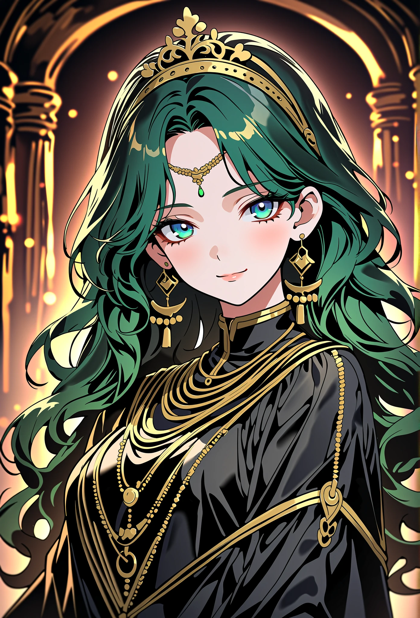 score_9, score_8_up, (masterpiece, top quality, best quality, official art, beautiful and aesthetic:1.2), (8k, best quality, masterpiece:1.2), (((masterpiece))), (((best quality))), (((extremely detailed))), illustration, (masterpiece, top quality, best quality, official art, beautiful and aesthetic:1.2), (8k, best quality, masterpiece:1.2), see-through, source_anime, 1girl, adult, ((green hair)), green hair, ((intimidant look)), ((close-up)), green eyes, black clothes, sexy, dark colors, brillant eyes, ((wavy hair)), perfect hands, ((intimidant look)), good anatomy, ((dark clothes)), emotionless, intimidant, ((beautiful eyes)), close up, ((detailed eyes)), beautiful eyes, ((detailed face)), frontal look, smile, detailed face, diadema, full body