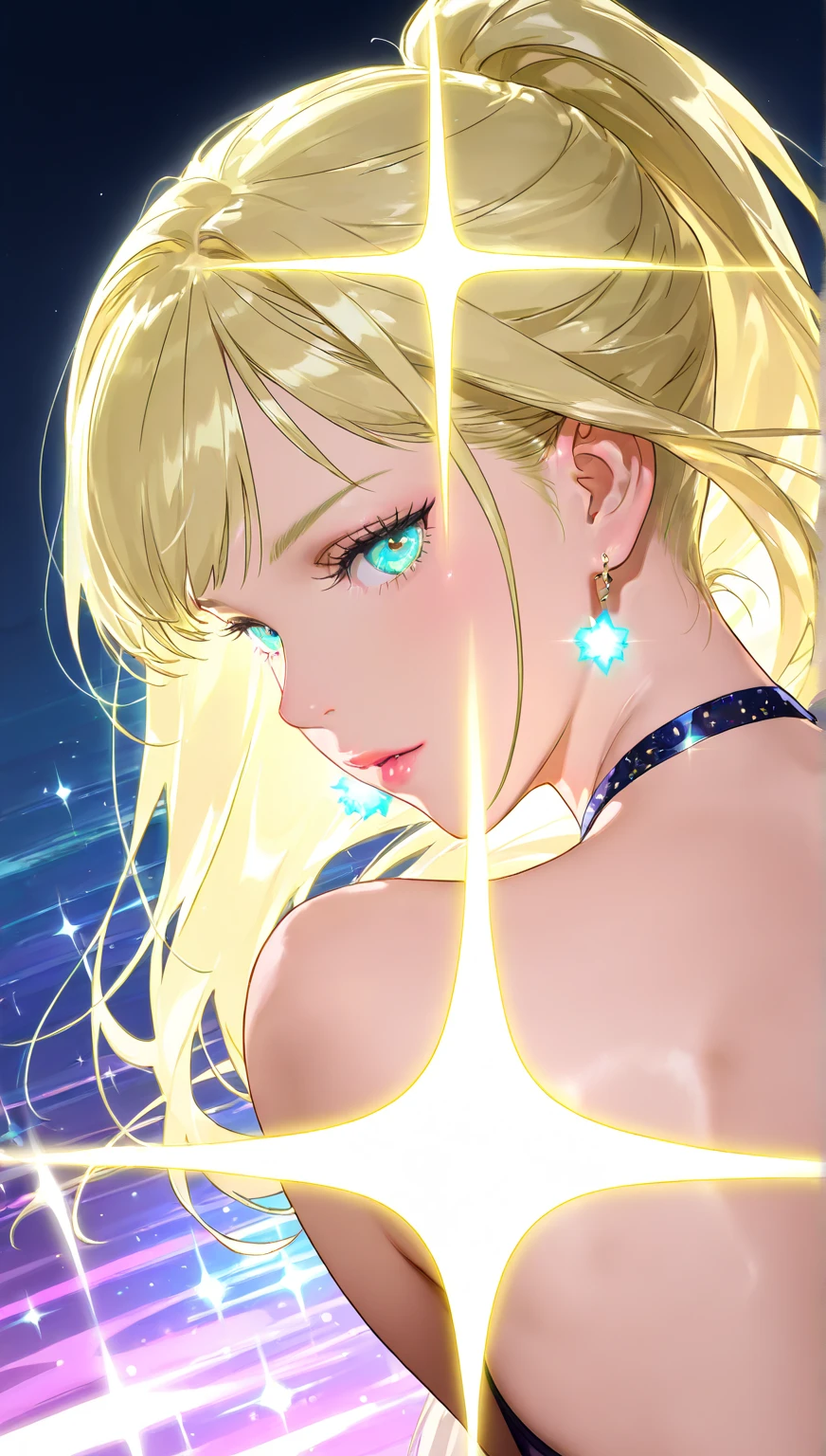 white girl with straight blonde hair, blue eyes, slim, wearing a black swimsuit with a prism opening at the navel, holding a wand, black background
