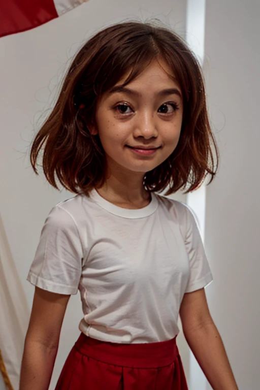 A shy 12 years old girl in front of mirror, white shirt, full body