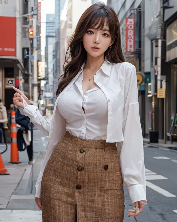 ((Best quality, 8k, Masterpiece :1.3)), Sharp focus :1.2, A pretty woman with perfect figure :1.4, Slender abs :1.2, ((Dark brown hair, Big breasts :1.2)), (White button up long shirt :1.1), City street:1.2, Highly detailed face and skin texture, Detailed eyes, Double eyelid