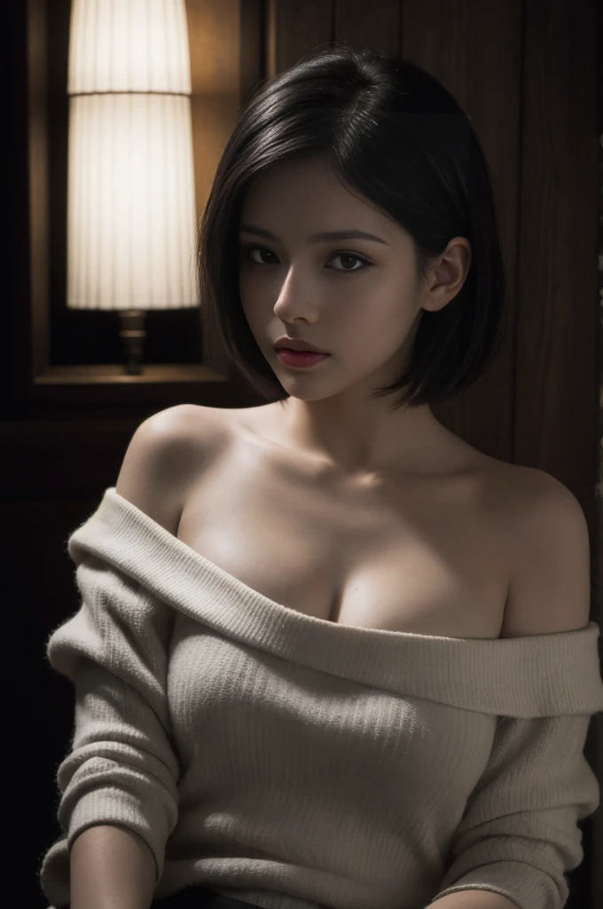 Best quality, masterpiece, ultra high res, (photorealistic:1.5), raw photo, 1girl, naked and sitting on a wooden chair, in the room with open windows, light shadow, low key, warm light, sexy look, short messy hair, short wavy hair, short messy hair , asian face, Chinese face, real person with white bright skin, cold flat eyes, tired eyes, cool eyes, looking to the windows, sweet smiling, small breast reveal (small breast size: 1.6)
