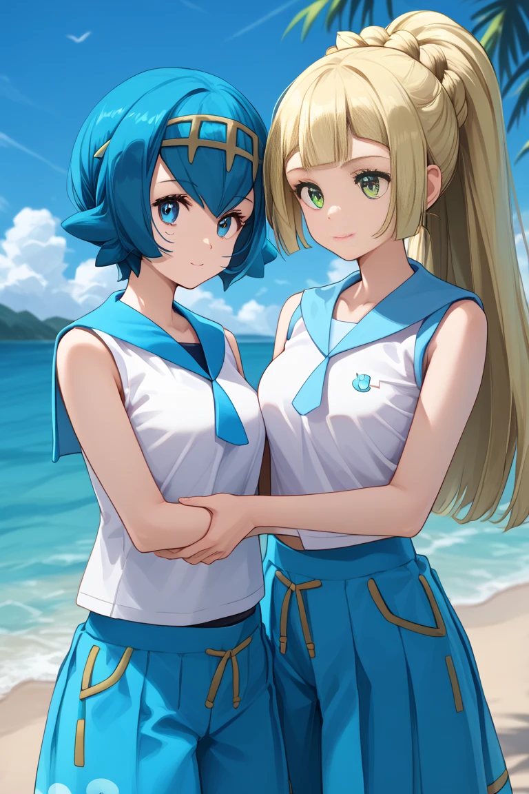 masterpiece, best quality, eyelashes, (beautiful eyes),   zzLillie, looking at viewer, blush, smile, short hair, open mouth, blue eyes, multiple girls, hair ornament, bare shoulders, twintails, blue hair, collarbone, swimsuit, full body, ponytail, ass, braid, flower, :d, bikini, hairband, small breasts, outdoors, frills, one eye closed, green hair, sky, shorts, barefoot, teeth, day, hair flower, dark skin, 3girls, water, grin, feet, dark-skinned female, legs, one-piece swimsuit, bare arms, eyelashes, bare legs, v, toes, floating hair, swept bangs, holding hands, ocean, upper teeth only, white bikini, beach, soles, sunlight, ;d, interlocked fingers, pink flower, red bikini, bubble, light rays, underwater, sand, white one-piece swimsuit, pink bikini, air bubble, bikini skirt, red shorts, sunbeam, freediving, bikini shorts, lana (pokemon), mallow (pokemon)  ,     <lora:LilliePokemon_IXL_v2:1.0>,