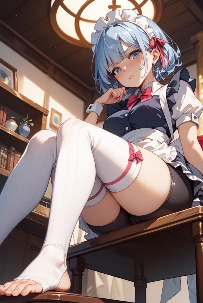 (masterpiece、Highly detailed 8K CG、Sharp lines)、Rem of Rezero、hi-school girl、blue hairs、cute little、serafuku、White underwear and dark blue skirt、skirt rift、panties on、skinny body、Thin leg、thighs thighs thighs thighs、Sexy poses showing anime style、Beautiful anime schoolgirl、A seductive anime girl、Smooth Anime CG Art、Beautiful anime schoolgirl、Beautiful anime girl、Long-sleeved sailor suit、Wearing a cardigan、Navy blue pleated mini skirt、autumnal、Colored leaves、Curve、No bra、(Lifting skirt、White lace panties visible:1.2)、thighs thighs thighs thighs、(Navel Ejection:0.4)、Dynamic Pose Beautiful and perfect legs, Clean and perfect hands、Straight short hair、One eye is hidden by bangs、Black pantyhose、Wear black stockings、White panties showing through black stockings、(Clearly visible detailed female pubic shape: 1.4)、very Bigger breasts、Colossal tits、Exposing all your boobs、Delicate body、Height 150cm、Thin leg、mournful smile、Panties that are wet、Clear liquid with high viscosity dripping from the pubic area、pink hairpin