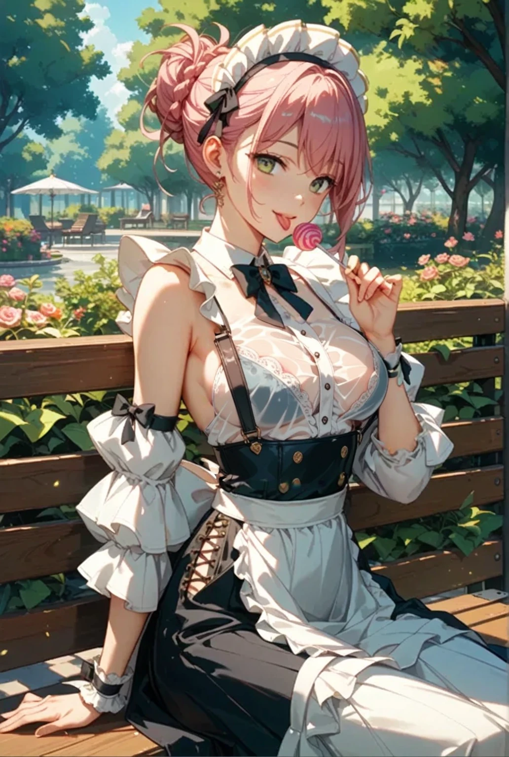 (Masterpiece, BestQuality:1.3), (ultra detailed:1.2), (hyperrealistic:1.3), (RAW photo:1.2), High detail RAW color photo, professional photograph, (Photorealistic:1.4), (realistic:1.4), professional lighting, perfect anatomy, (Big Breasts:1.1), (blush, detailed face), (cheerful Smile:1.5), Trending Hair&Trending Hairカラーをランダムに, earrings, necklace, bracelet, sexly, erotic sexly, Random sexy gravure poses, (A beautiful pink-haired woman in Lolita fashion is sitting on a bench in the park at night。hair is twin tail、Sitting with her skirt open。:1.3)
