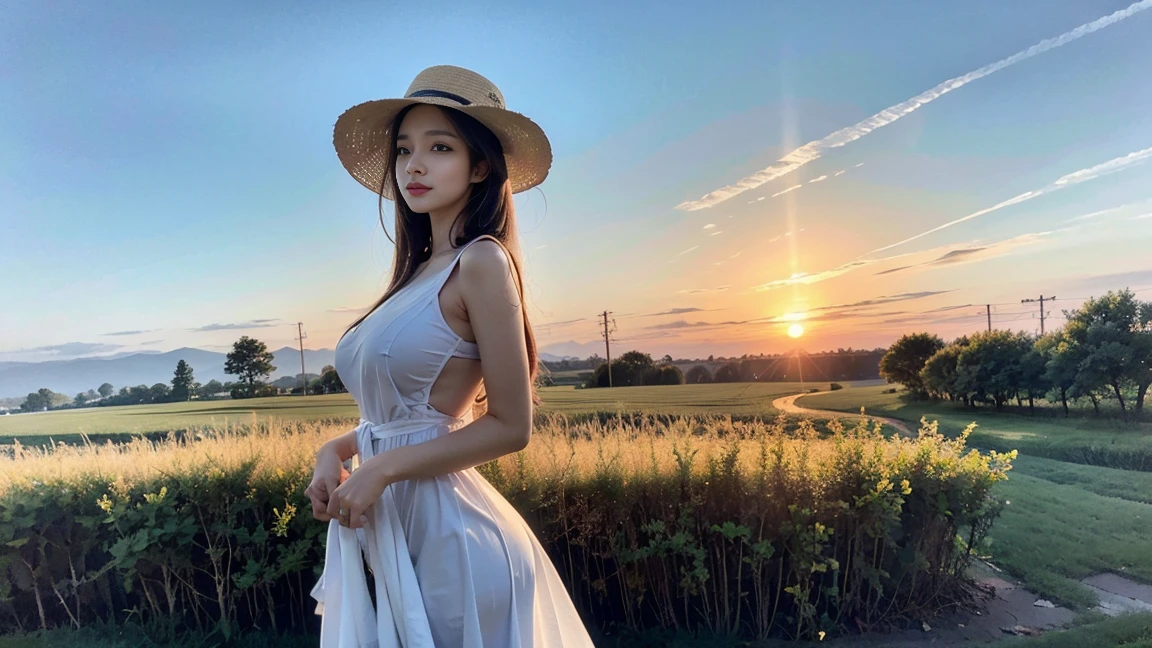 no, Ray tracing, Radio City, Anisotropic filtration, 16,000, best quality, 1 woman, alone, , beautiful young woman, ((shift dresses)) , Gradient long hair, (((grass field)))、laugh、sunset、((big br