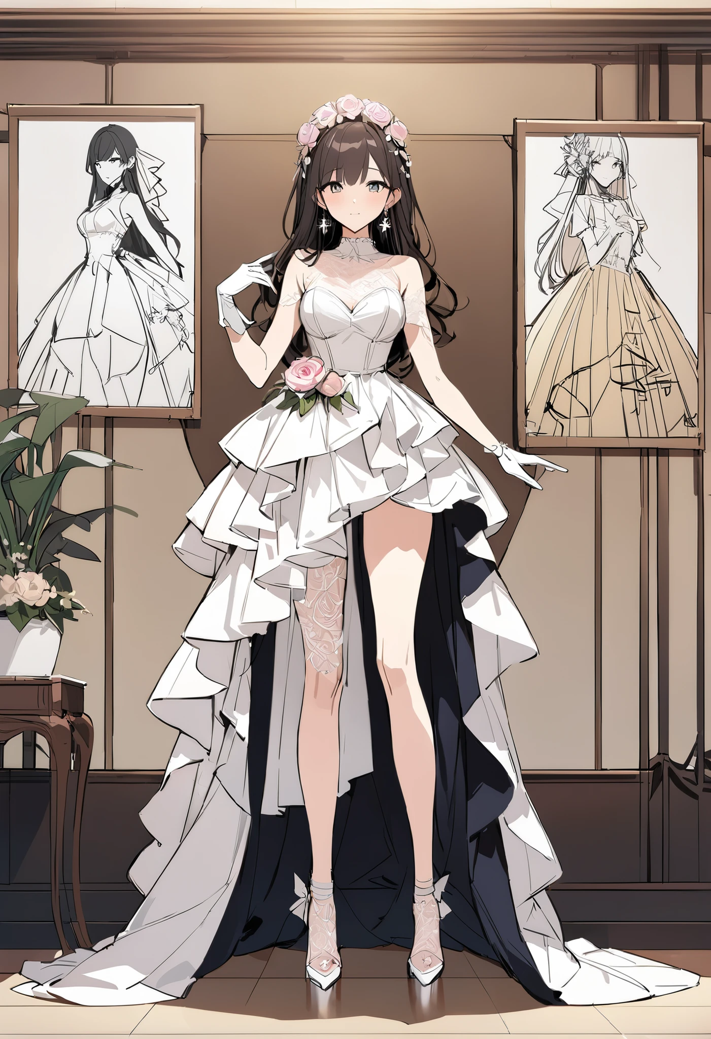 Reference Table,  Concept Figure , character design，girl，Wedding Dress，idol singers，sexy，sketch,beautiful notes）,Moles under the eyes, star necklace, (Masterpiece, BEST QUALITY), Official Art, beautiful and beautiful: 1.2), (1 个girl), are very detailed, (Geometric Art : 1.3),Flower headdress、Flower earrings  、 Full Body 、lol，Lace，渐变色Full Body连裤袜，Clear，sexy， glass high heels，Fur