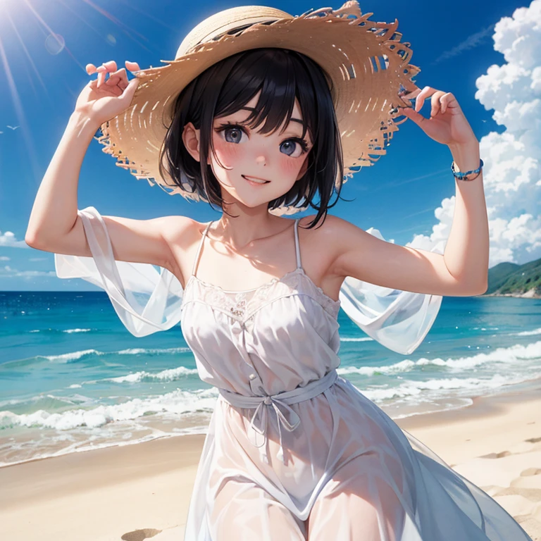 (Best quality, dynamic lighting, highly detailed, HDR) Brown haired young woman, mature, beautiful, bob hair, brown eyes, slim, medium-small breasts, white floral summer dress, summer hat, bare shoulder, cleavage, sleeveless, smiling, beach background.
