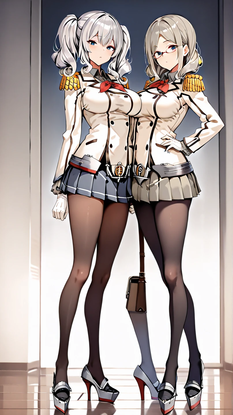 (Masterpiece, plain background:1.2) white short bob hair and skin, purple eyes, thin legs, thin body, leather corset and leather collar choker with golden neck bell, shackles wristbands bracers bracelets sleeves, bikini maid outfit, 1MILFWOMAN BIMBO full body standing symmetrical with both hands on hips, wide hips, view from below