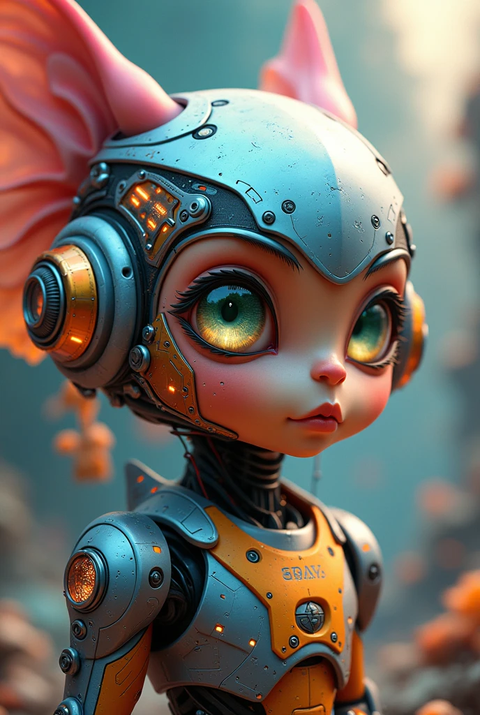 Extraordinary wide portrait of microscopic unknown little small adorable cyberpunk alien species over orange tech style of high tech fashion professional photography, 8k, adorable