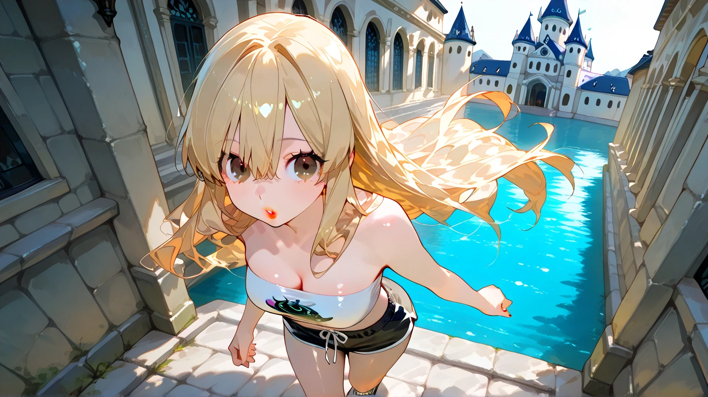masterpiece, best quality, 1girl, solo, from back, big ass, hands on ground, castle background, sandals, (thick thighs:1.0),, nobikini, twin braids, <lora:NobetaV2:1>, split, spread legs, <lora:splitSitting:1>