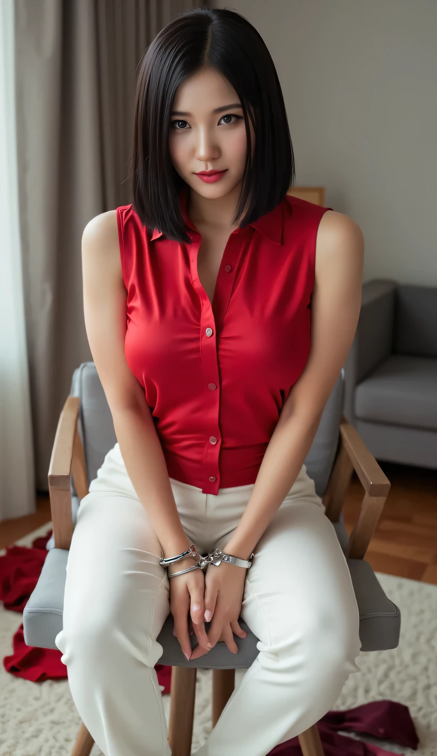 a woman, is in the bedroom, sitting upright in a chair, with both hands tied in handcuffs in front of the body, the body is tied to the chair with a rope, shirt looks full body, body facing front, eyes looking at camera , wearing a sleeveless muslim shirt in red satin, white long slimfit pants, big size G-cup, thick red lips, seductive face, black hair, all over wet body, bras and underwear strewn across the bedroom,