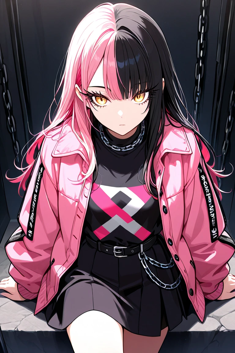 Create a demon hunter, with a blue star haori, Collect, black hair, height of 1.55, pink streaks in her hair, 16 years old and serious, with pink eyes, dull and with a voluptuous chest