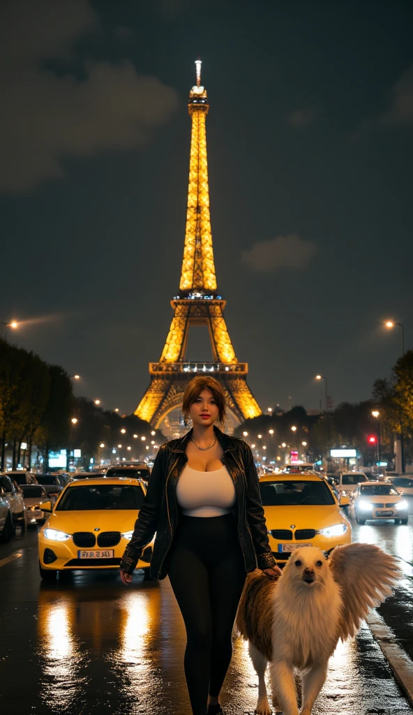 beautiful gorgeous cute sexy, wearing a gigantic super fine thick soft yellow oversized fur coat with massive fine fur collar, full body shot, Yellow G-string, yellow bra, white stockings, black high heels, hands in pockets, walking in street eiffel tower paris ultra UHD detailed image, photo ultra realistic UHD,8K