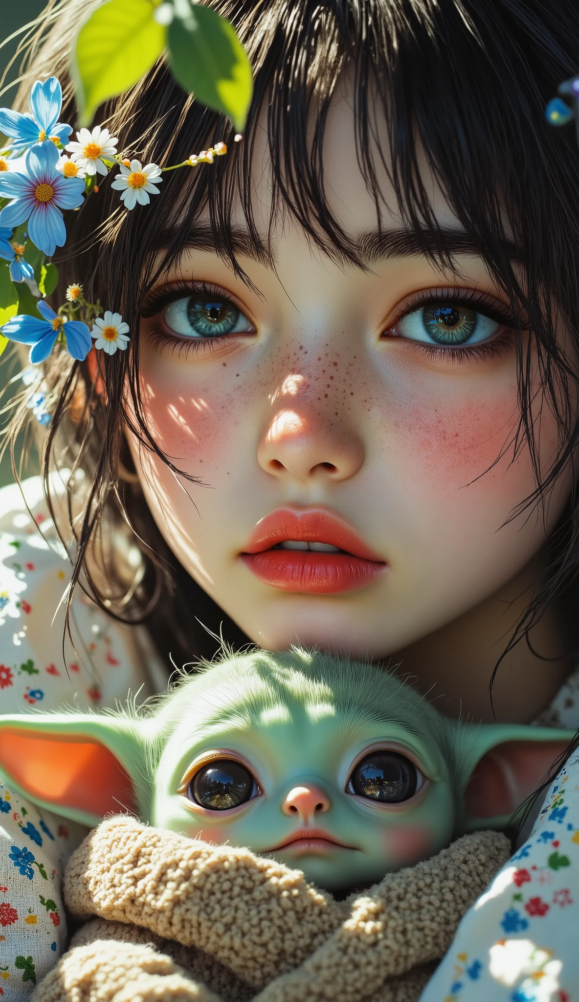 16K, 8,000 high quality, 4K, super detailed, photo writing, physically based rendering, professional grade, bright colors, young girl and Baby Yoda, cute Din Grogu, close-up of their faces, they are cuddling and blending into one, super cute, surreal, polaroid style.
