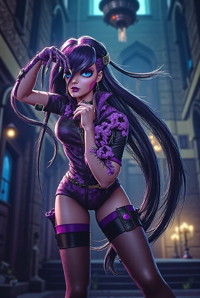((Cinematic light, Best quality, 8k, Masterpiece :1.3)), 1girl, Beautiful woman with thin abs :1.4, (purple hair, small breasts :1.3), hopefully falling, seductive open lips, sofa, ultra-detailed face, detailed eyes, double eyelidwork, best quality, Neeko, hair ornaments, hair flower, body paint, calango tail, trying to be sexy, ((( sexy a little bit see-through bodysuit))), ((goth)), showing sweaty armpits, steamy, sexual teasing, ((showing flat belly)), fight position, hands shining purple, ((black lipstick)), ((black make-up)), ((goth makeup)),