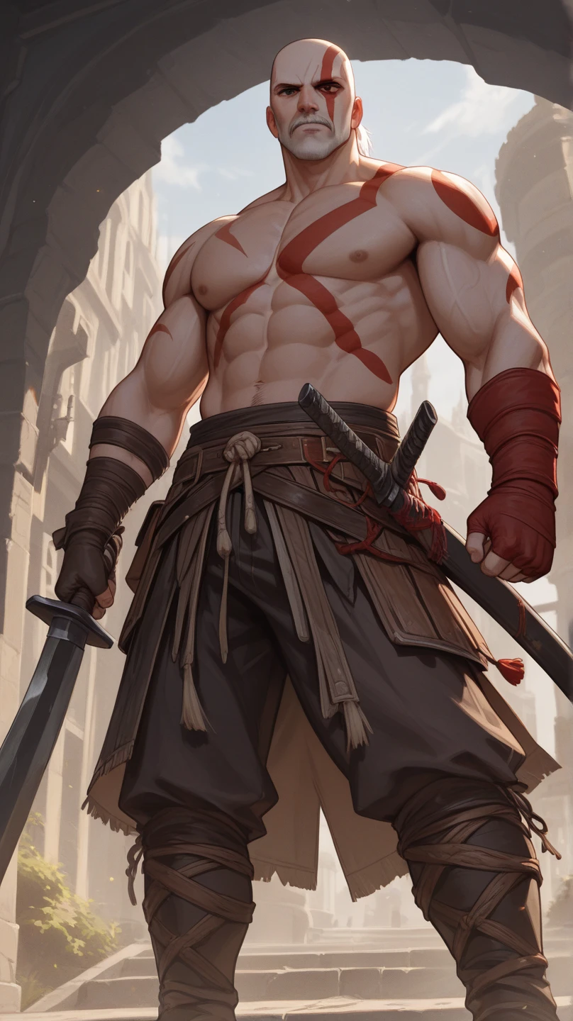 Masterpiece, best quality, Masterpiece, best quality, 1 man , red eyes , brown hair , naked , sly face , smile , tattoo , abdomen , Long legs , Barefoot , hands on hips , abandoned factory , at night
