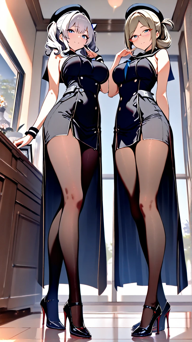 A woman, half cat with cat tail, wide breasts, brown eyes, wearing a white and black dress, red stockings, and standing, and very sexy