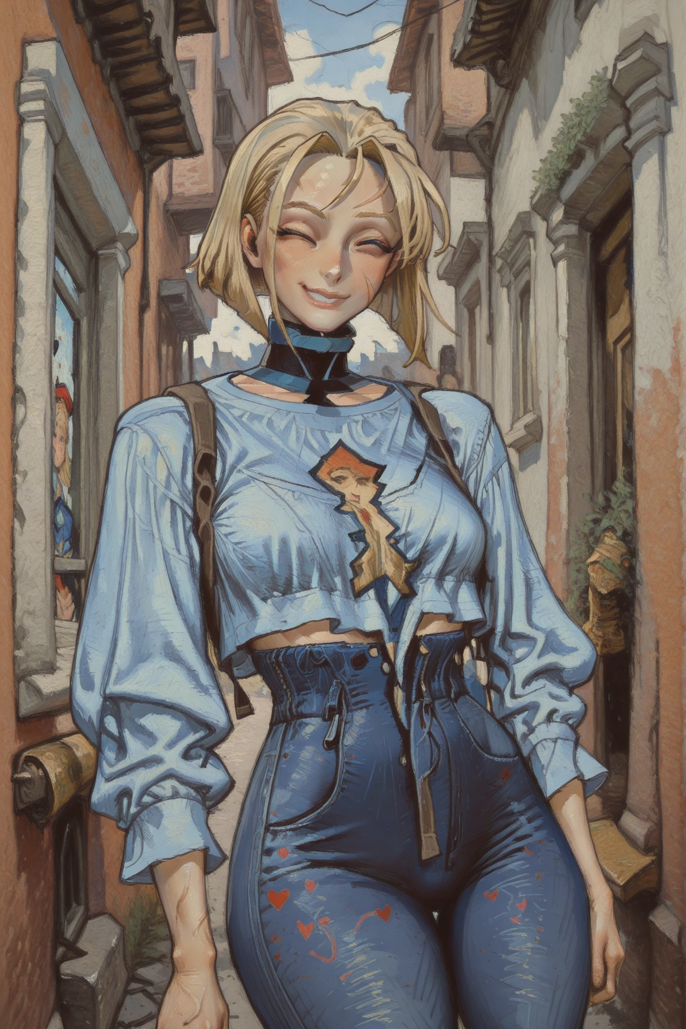 score_9, score_8_up, score_7_up, score_6_up, score_5_up, score_4_up,
BREAK
(masterpiece: 1.0), best quality, perfect anatomy, perfect composition, perfection,
BREAK
cinematic lighting, cannedmos
BREAK
1girl, Cammy (Street fighter) blue shirt, blue jeans, bob cut, loving expression, one eye closed. Painterly, impressionism, hyperdetailed painting, cannedmos, stopu42