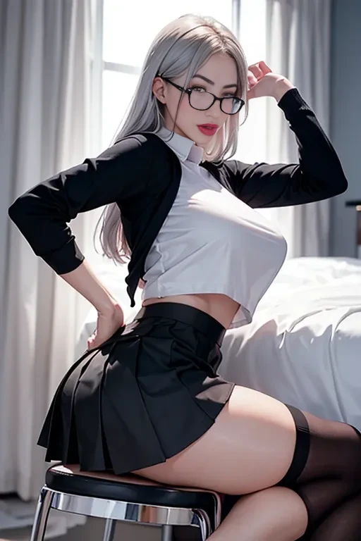 realisticlying, hight resolution, 1 rapariga, Silver hair, Korean people, e Blue Eyes, black lace up panties,Beads of sweat dripped down my buttocks,Classroom,s Office, meeting room,class,Large chest,Wide buttock,Visible on the back, Angle from behind, Your ass,kneel down on the ground,Look into the camera,ssmile,wide wide shot,Cinema Lens,Skin glow,