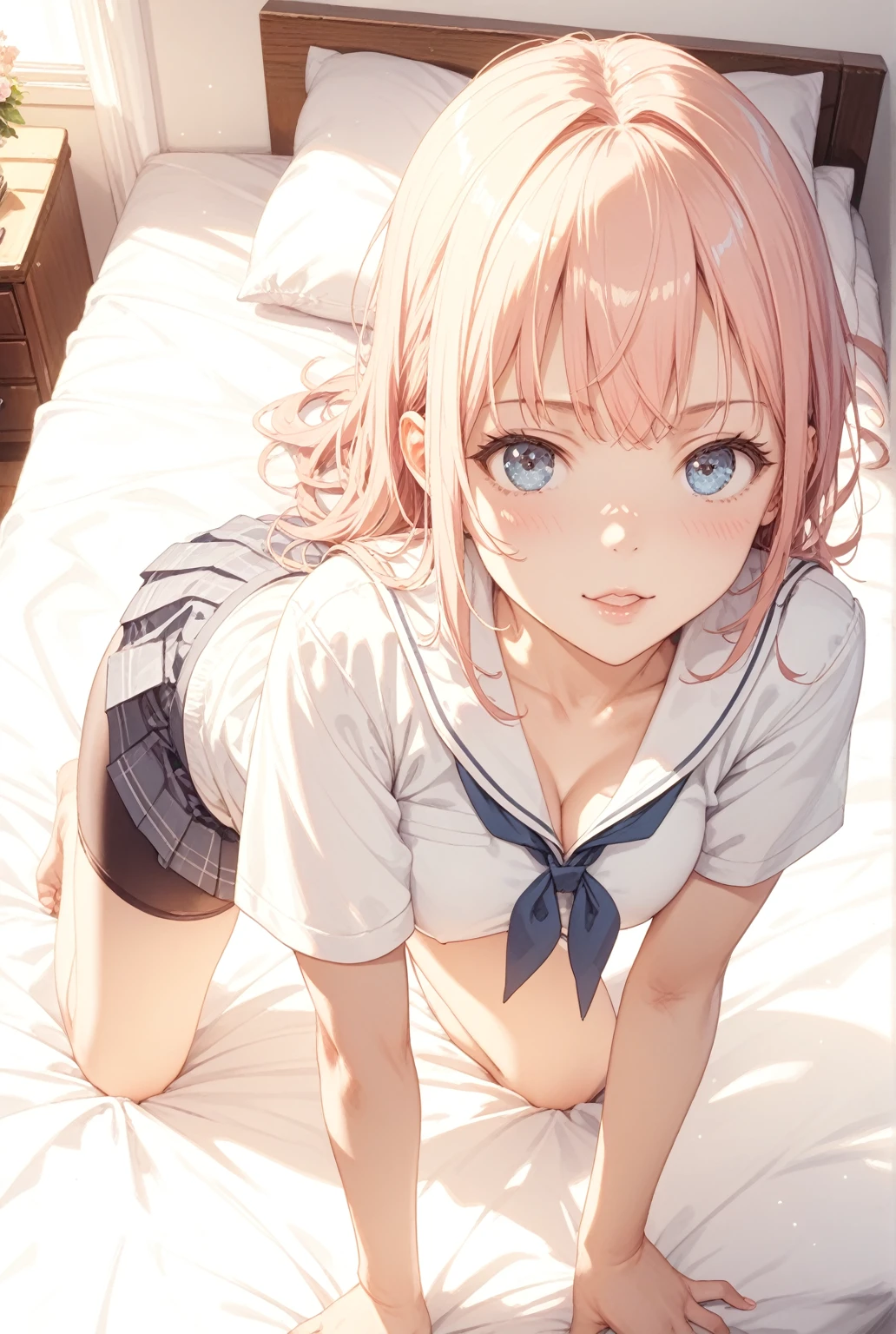 high-level image quality、top-quality、Detailed drawing、Does not blush cheeks、Slender beauty、Docile、Pink School Swimsuit、Sailorsk water、skirt by the、Small eyes、Smaller chest、Inner thigh-sitting、a bed、Gray-haired shorthair
