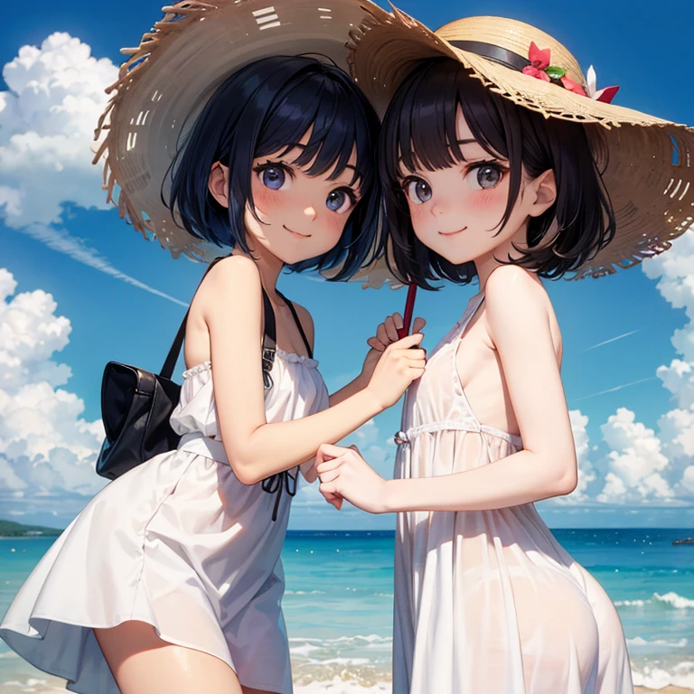 masterpiece, best quality, flat colors, 1girl, 19yo, slim, (small breast), (blue sundress), (holding small ice-cream:1.4), ((topless:1.3)), (looking at camera:1.1), nipple, blue sky, bright, watercolor