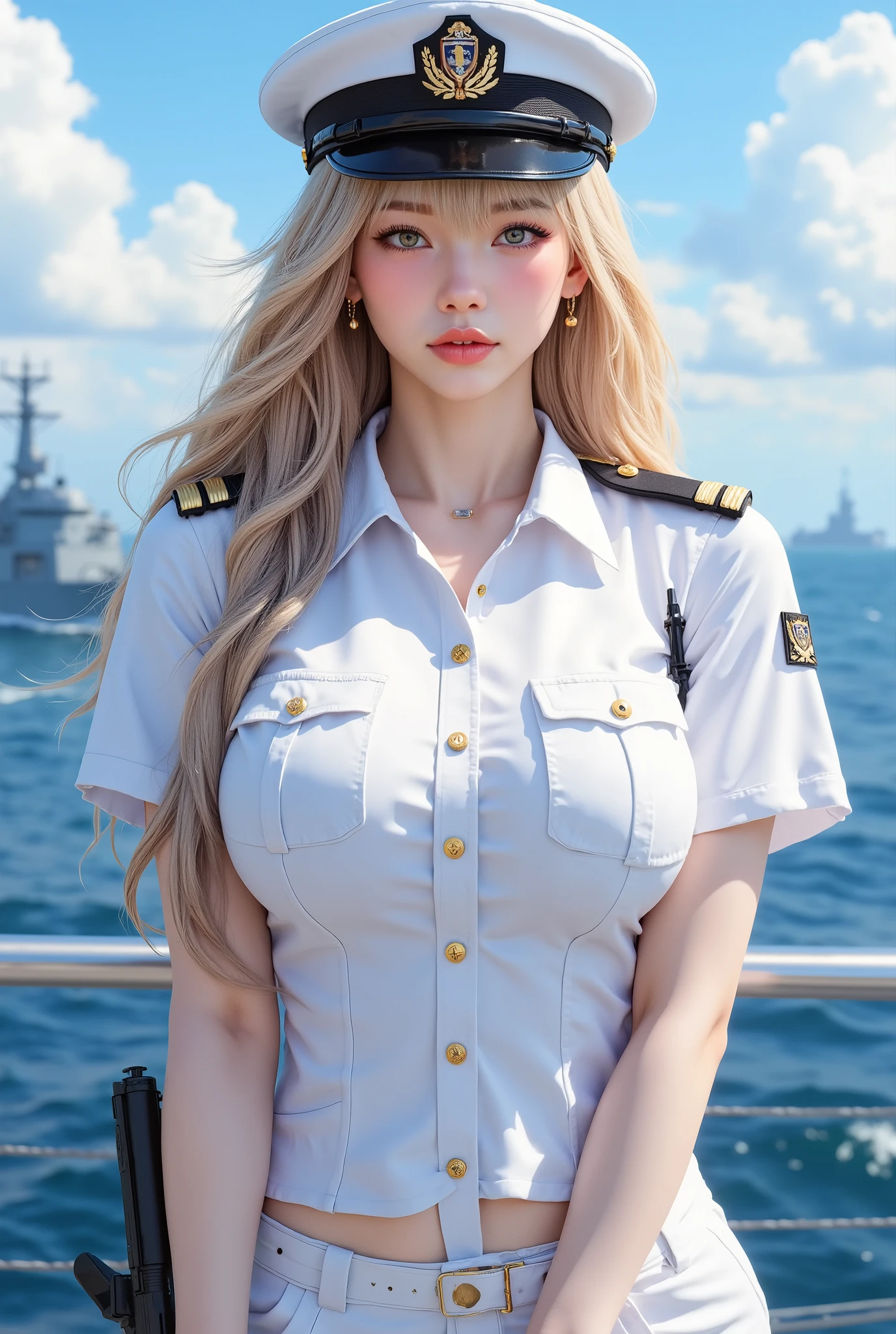 analog style, photo of a girl, (1girl, captain girl), ( bun hair), ((pretty face: 1.7, perfect face:1.5)),
(huge breasts), pale skin, shinny skin, ((white uniform and captains hat)), cute mini skirt, breast nipples visible through cloth, defined abs, boobs on table, cruise on sea, water, ship,
8k, 3d, (best quality:1.5, hyperrealistic:1.5, photorealistic:1.4, madly detailed CG unity 8k wallpaper:1.5, masterpiece:1.3, madly detailed photo:1.2), (hyper-realistic lifelike texture:1.4, realistic eyes:1.2), (octane render, unreal engine 5),