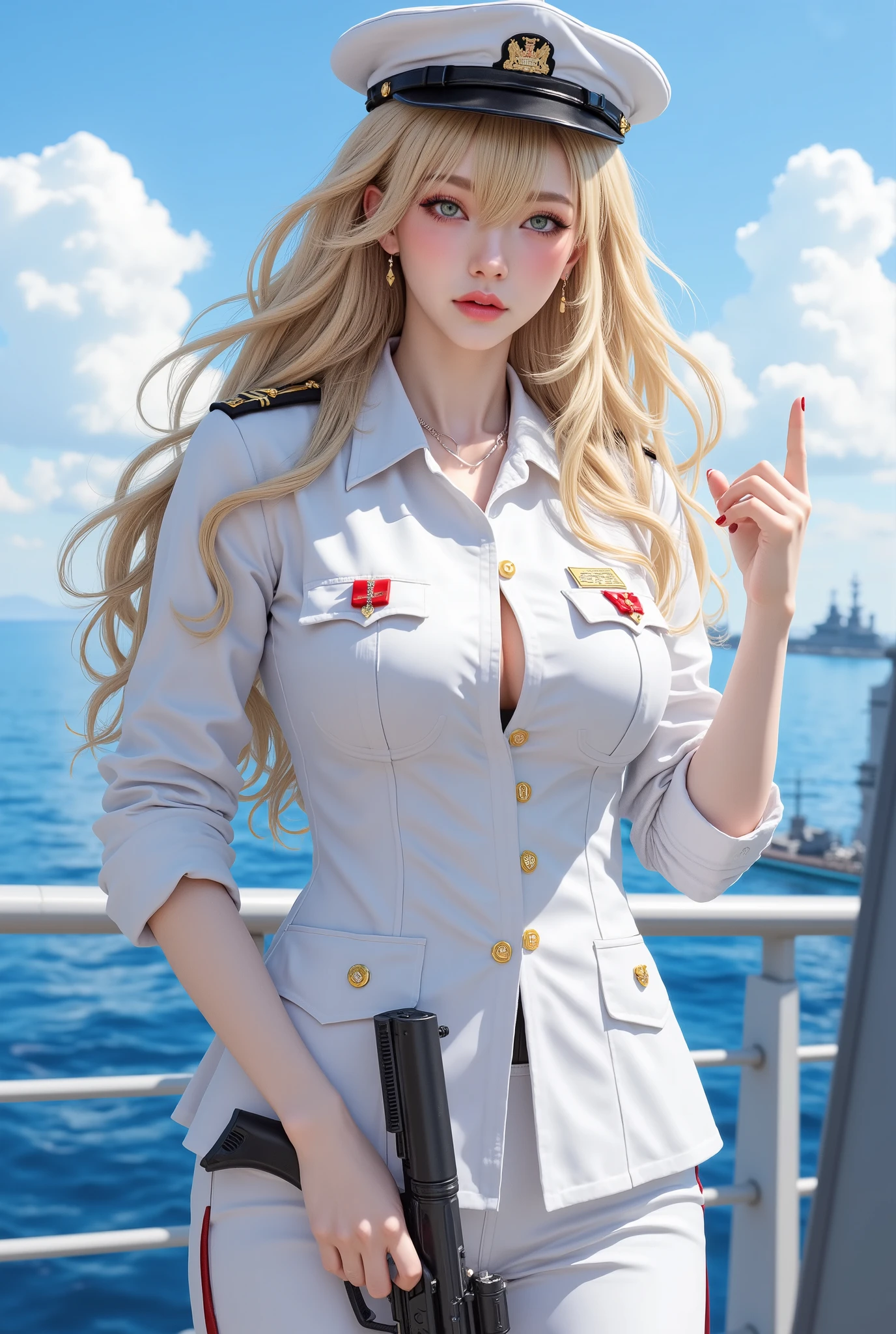 Very detailed CG, 1 girl, red face, slightly open lips, wet body, plump and symmetrical breasts, raised buttocks, long white trench coat, two-breasted buttons, buttoned well, white military cap, white gloves, white boots, green wavy curls, leather whip, chest bump close-up, buttocks close-up, multiple angles, black sky, gloomy castle, dynamic angle, flowing, 8k wallpaper, masterpiece, best quality, super detailed, best lighting, best shadows