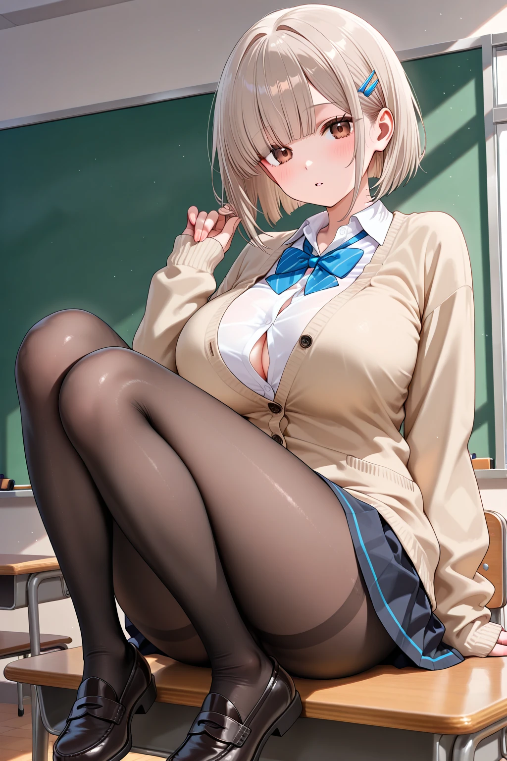marin kitagawa, , sexy, perfect body,fullbody,white heels,black stockings, classroom,large breasts ,black skirt,white shirt,black jacket ,sitting on desk,happy, blush on face,look from below,give access to her leg, presents her leg for camera