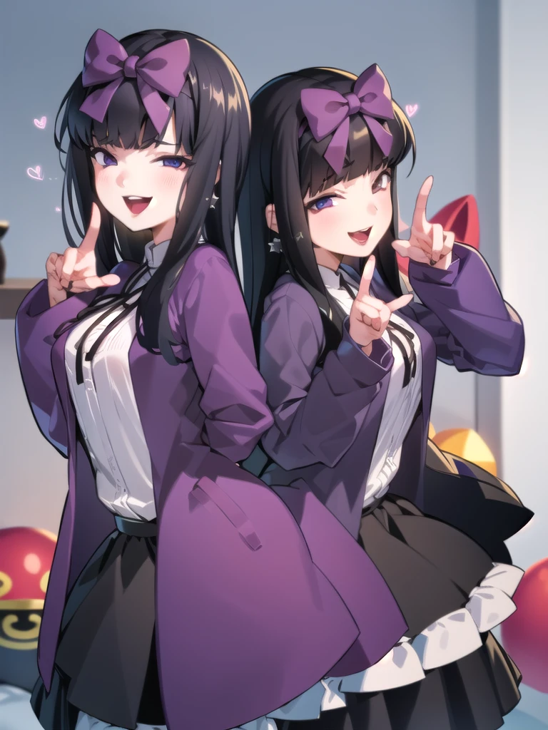 best quality, (masterpiece),(ultra-detailed), (high quality), (high resolution), (2heads:1.5), purple hair, brown hair, magenta blouse with a black jacket and a navy-blue mini skirt with pleats, fingerless black gloves, suede shoes, casual outfit