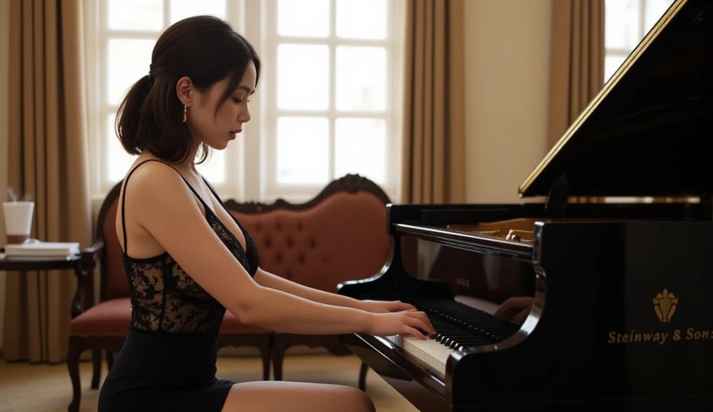 (realistic:1.3), finely detailed, quality, rembrandt lighting, (masterpiece:1.2), (photorealistic:1.2), (best quality), (detailed skin:1.3), (intricate details), dramatic, ray tracing, 1girl, japanese girl, 21 years old, detailed skin texture, (blush:0.5), (goosebumps:0.5), subsurface scattering, smiling, , short hair curls, bangs, hair between eyes, formal performance gown, sitting, from side, playing the grand piano, grand piano, (concert stage, concert hall),  <lora:Instruments:0.5>