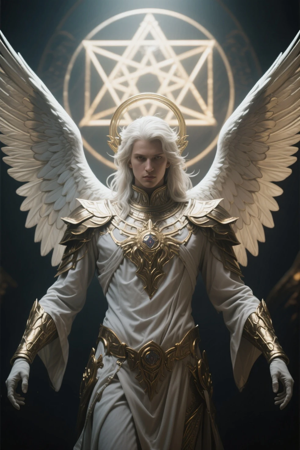 a detailed older male angel, long flowing blue hair, golden eyes, white draping robes, (best quality,8k,highres,masterpiece:1.2),ultra-detailed,(realistic,photorealistic,photo-realistic:1.37),hdr,studio lighting,intricate details,dramatic lighting,cinematic,epic fantasy,dramatic atmosphere,ethereal,glowing,radiant