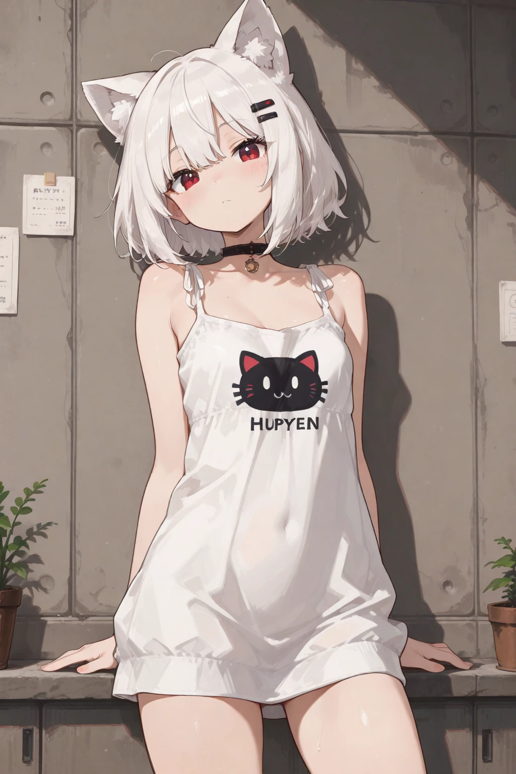 naked girl, white hair, braids, two tone hair, gradient eyes, midriff, thigh_gap, perfect skin, perfect lighting, simple background, bedroom eyes, cat_ears, :3, smirk, loose fitting crop top, natural sagging breasts,
<lora:homebrew_mdf_an-000006:0.7>,