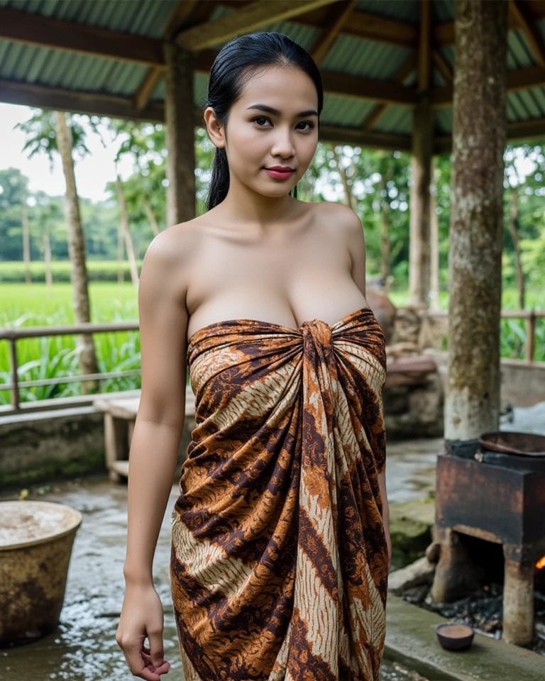 A 52 years old naked Indonesian woman in peach color hijab, smiling and cooking chicken in the old bamboo kitchen in a forest, look to the food with eye close, dense pubic hair, darker skin, curvier body, short body, flat-chested, small breasts