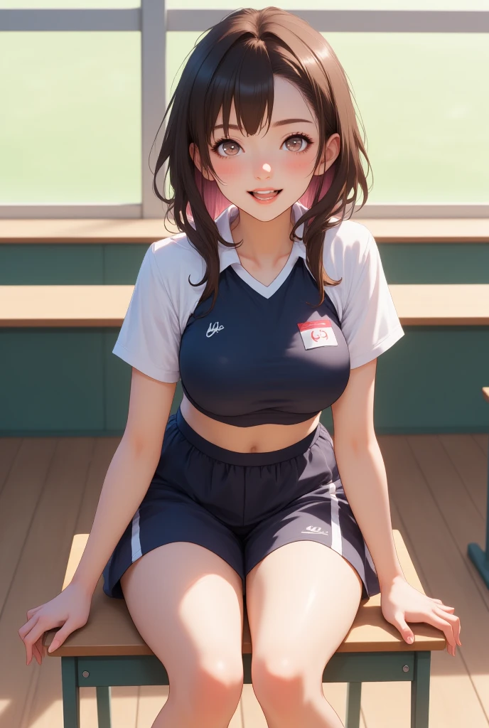 (8k, Raw photo, Best quality, masterpiece: 1.2), masterpiece, super detailing,Best Lighting, (Realistic and realistic photos: 1.4), high-definition RAW color photography, highly detail mouth,1girl, (White Track Uniform lowrise), midriff baring,background blur, blush, depth of fields, hair between eye,Short hair,(oiled skin:1.5,shiny skin),((full body)), embarrassed,fake smile:1.3,black hair,teeth