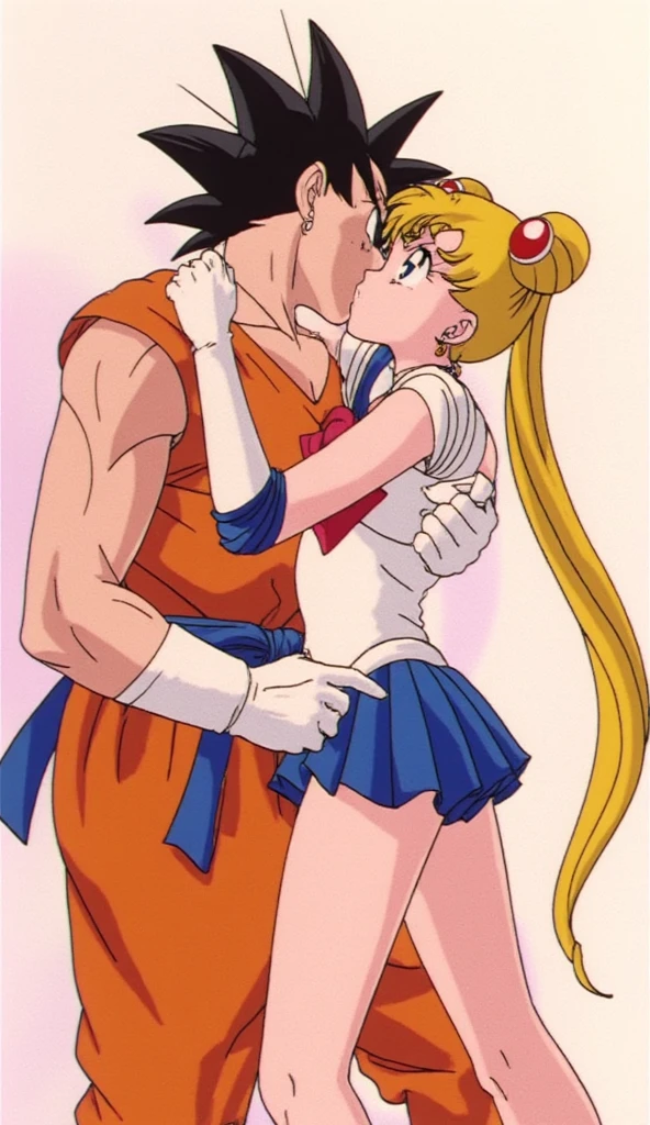 Sailor Moon and sailor mars hugging. sailor moon's blonde hair is done up in two very long ponytails. sailor mars black hair flowing behind her.