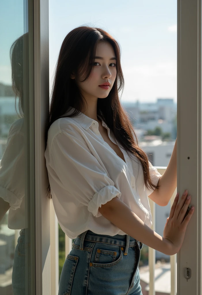 ((top-quality, 8K, masterpiece:1.3)), beautiful Girl, pure, Melon face, gentle and cute, A sweet smile, pure lust, slender figure, (The upper part of the body), (frontage), (tilted head), Look directly at the camera, Uniforms, white shirt, blue skirt, obi, Formal, Black silky long straight hair, long hair flowing over the shoulders, round black big eyes, clear big eyes, Wet red lips, Dolce, sitting on bed, Window sill background, Random body orientation,