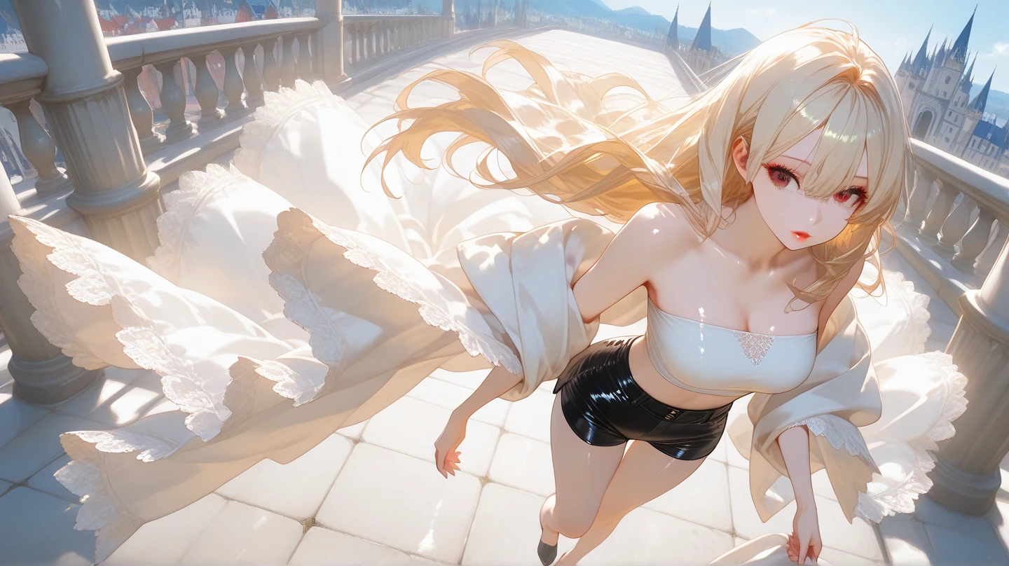 ((Best Quality)), (ultra-detailliert), ((Extremely detailed)), (Beautiful), ((Kawaii Girl)), ((UHD)), (masterpiece), (high quality), (best quality), (4K), (high quality), 1, solo girl, 1girl, ((platinum blond hair)), parted bangs, ((hair intakes)), long hair, (hair two side up long), ((jade colored eyes)), slanted eyes, medium breasts, slender body, lite blue, babydoll trimmed with lace, side tie panties, garter belt, crawling position, bedroom, anime
