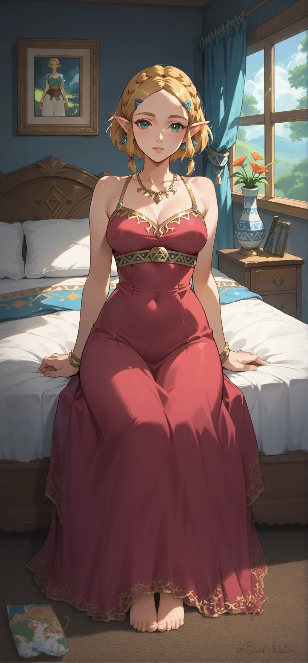 (obra maestra) (La mejor calidad) Una hermosa mujer pelirroja con cabello muy largo que fluye por su espalda, con un impresionante vestido de fiesta ????? con escote en V. Ella lleva un par de pendientes de diamantes, un collar de oro fino y varios anillos en sus dedos. Ella lleva tacones altos de un rojo intenso. She is leaving her large mansion to go to an event. vendimia, vendimia, glamour (big breats)