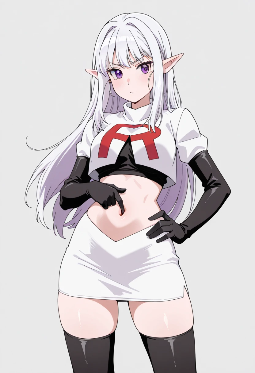 (masterpiece, best quality:1.2),illustration,8k,hd,1girl,solo,pointy ears,long hair,purple eyes,bangs,blunt bangs,navel,breasts,demon wings,hair ornament,demon tail,team rocket,team rocket uniform,white skirt,crop top,black thigh-highs,black elbow gloves,