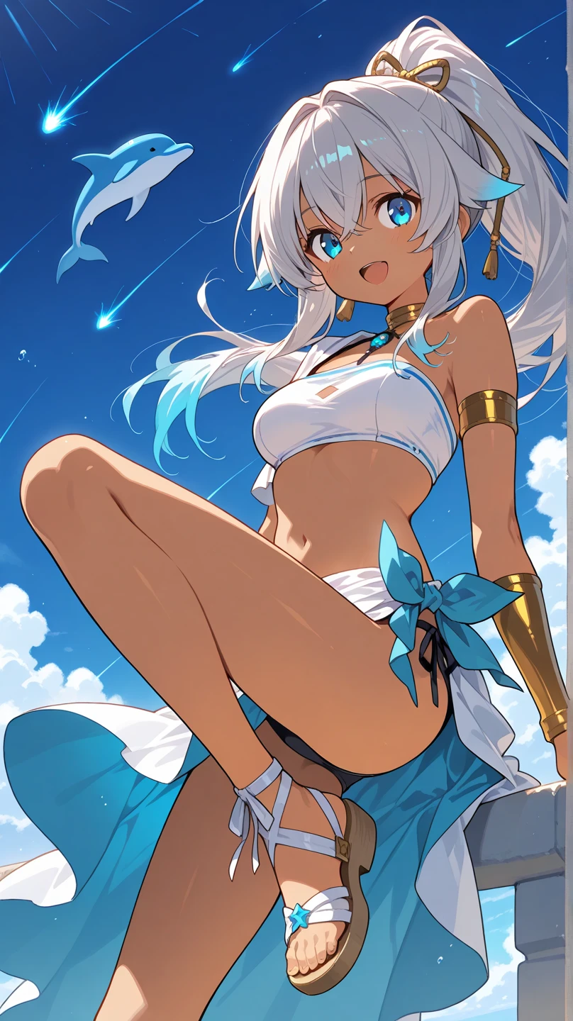 (Masterpiece), (Top Quality Anime Illustration), (Super Definition), One Girl, Solo, Silver-haired Beautiful Girl, Anime , Cat Ear Lolitite, Small Breasts, Cleavage Emphasis, Underboob, Thigh Emphasis, Bastet God Costume, See-through, Egyptian Mythology, Water