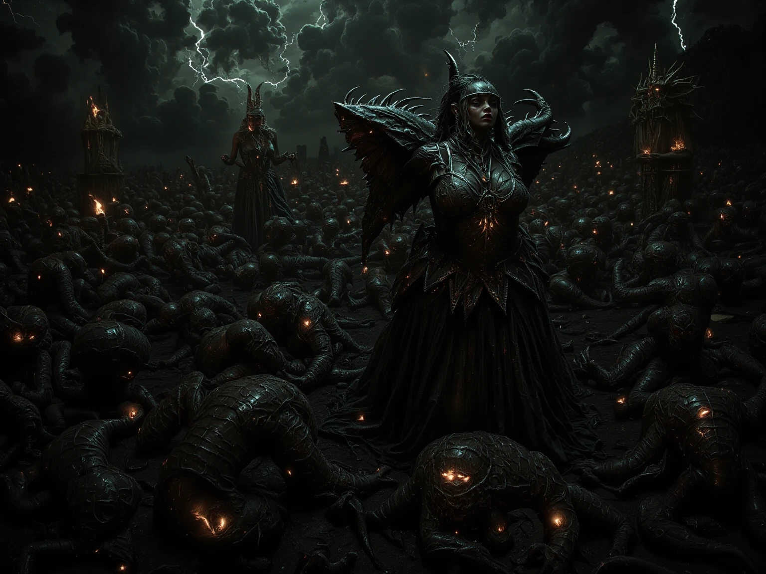 The ritual of The Queen of the Damned, Depressed Side of Humanity, Alberto Seveso, artstation, Dark, and highly detailed digital painting of a group of necromancers summoning a powerful undead creature, with a greenish glow and occult symbols in the background in the style of art by zdislav beksinski and wayne barlowe, the image should have a sharp focus, Intricate details, and be trending on artstation.