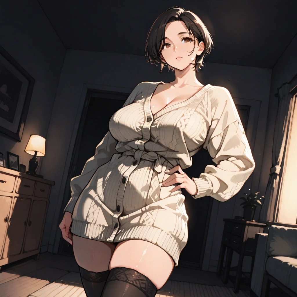 ((top-quality、8k、masterpiece:1.3))、女の子1人、Girl with slender abs:1.3、12year old、(medium short hair、small tits:1.2)、cardigan:1.1、hyperdetailed face、A detailed eye、二重まぶた、nudde