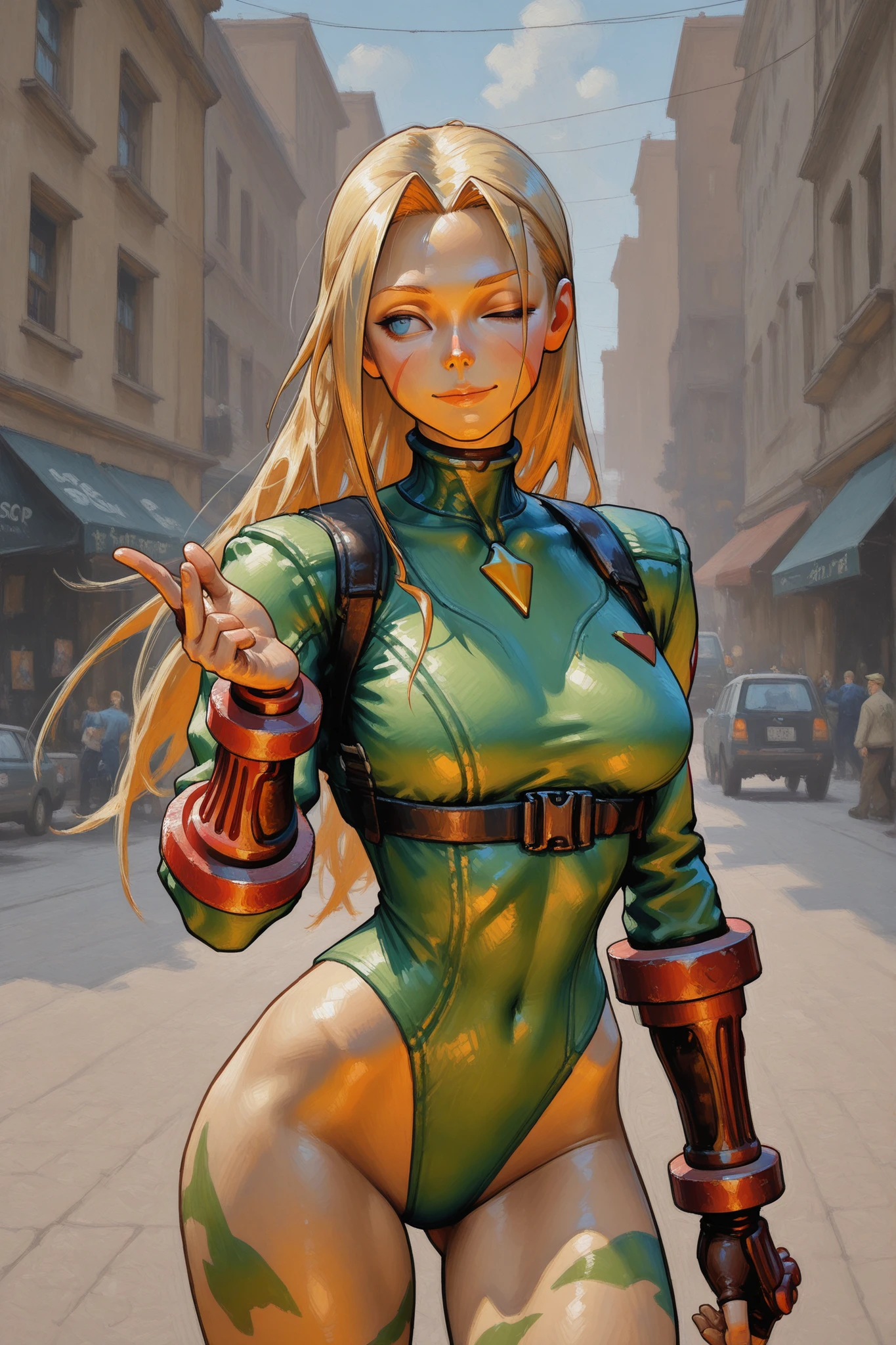 score_9, score_8_up, score_7_up, score_6_up, score_5_up, score_4_up,
BREAK
(masterpiece: 1.0), best quality, perfect anatomy, perfect composition, perfection,
BREAK
cinematic lighting, cannedmos
BREAK
1girl, Cammy (Street fighter) loving expression, one eye closed. Painterly, impressionism, hyperdetailed painting, cannedmos, stopu42